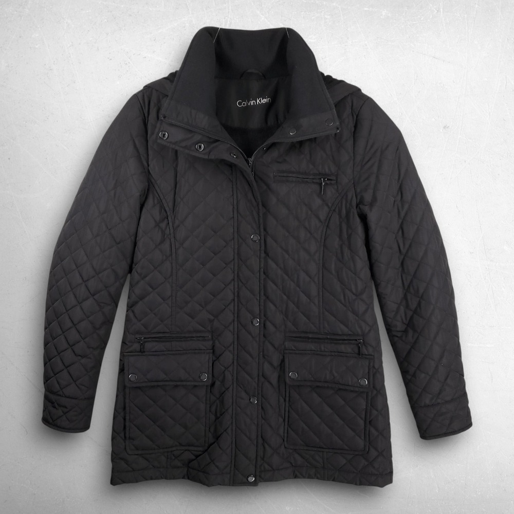 Calvin Klein Diamond Quilted Hooded Jacket Women LP Black Minimalist Gorpcore